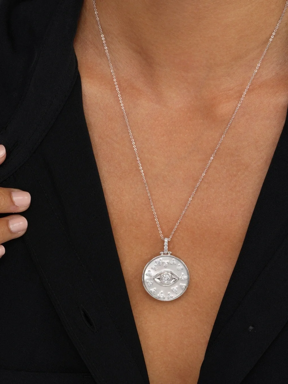 Melinda Maria Silver Evil Eye Disc Medallion Necklace NEW - Picture 2 of 8